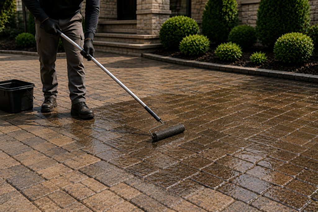 Contractor applying paver sealer with roller