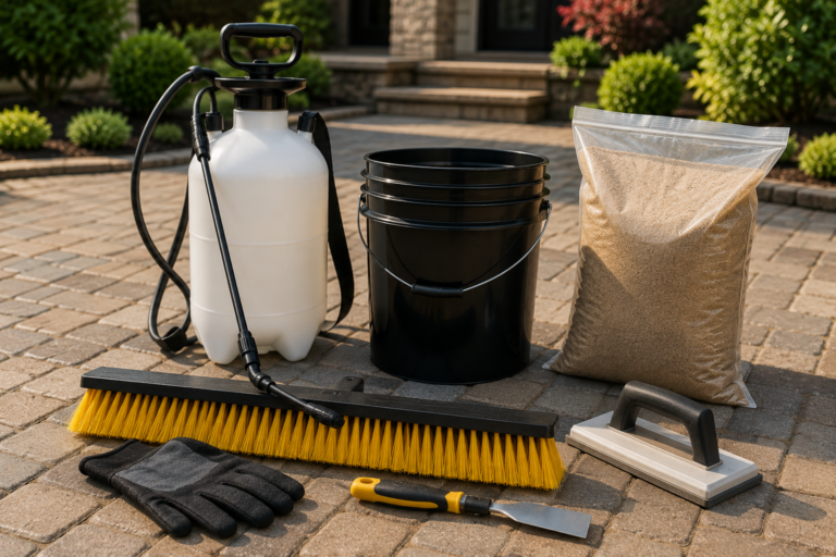 Wide cinematic website hero image for a professional Paver Sealing Academy training program. A contractor instructor demonstrating paver sealing on a real residential driveway job site, wearing clean unbranded black workwear and gloves, using a sealer roller or applicator on wet pavers. Premium outdoor training scene, modern home background, warm natural sunlight, realistic photography style, professional contractor training atmosphere. Dark navy and gold brand mood, high contrast, clean composition, space on the left side for headline text, no logos, no text, no watermark, no company truck, no Practical Exterior Maintenance branding.