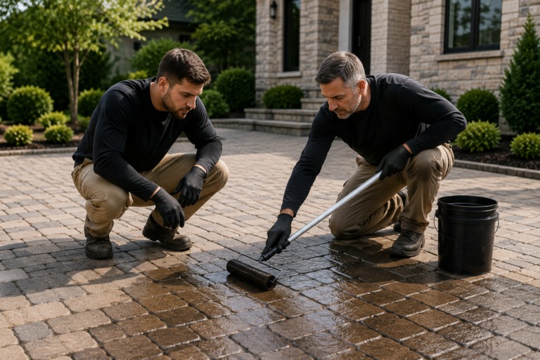 Hands-on paver sealing training on a real job site