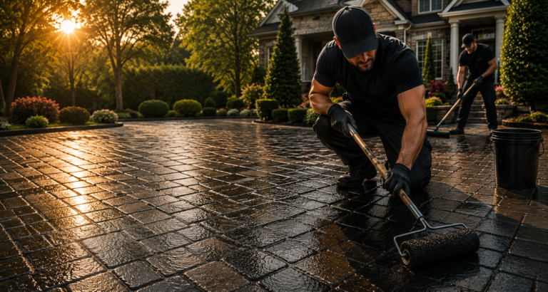 Contractors applying sealer to wet-look pavers during hands-on paver sealing training